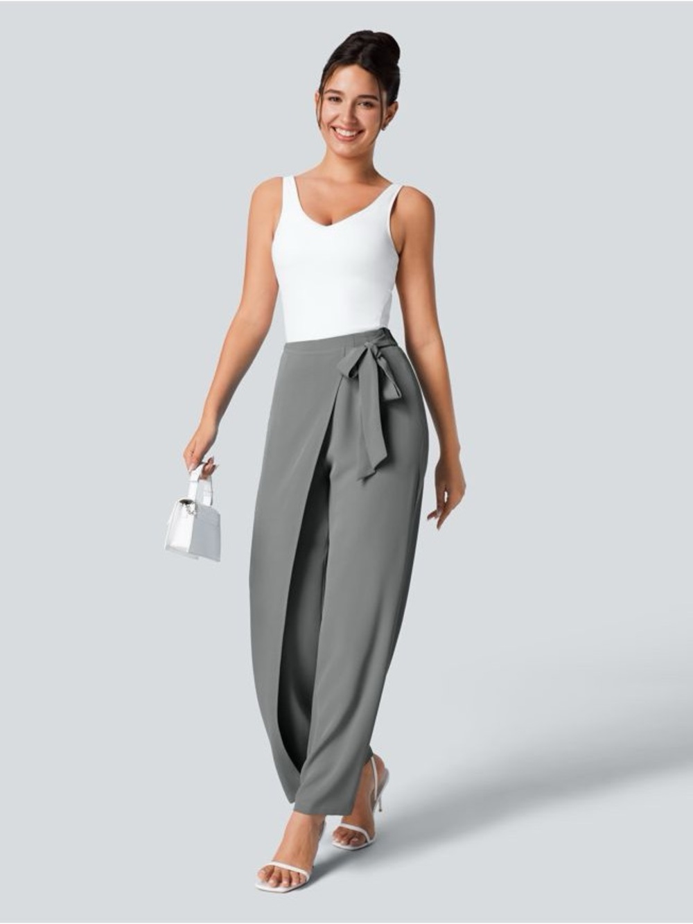 Halara Sarong Side Tie High Waisted Wide-Leg Gray Skirt Pants Women's L